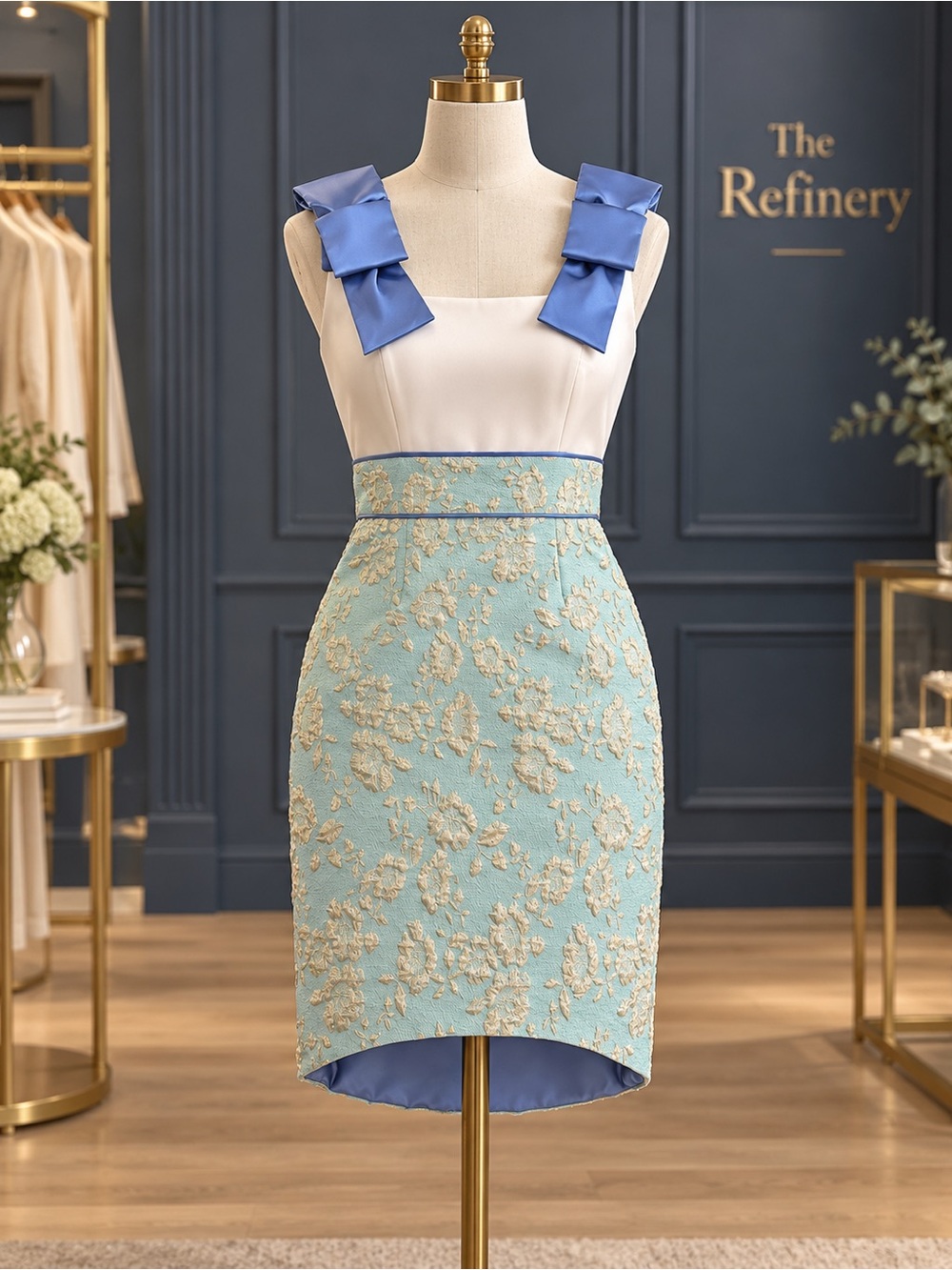 Natanya Friedka Elegant Blue-Trim Floral Jacquard Pencil Skirt dress NWT S